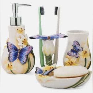 FORLONG Ceramic Bathroom Accessory Set Dancing Butterfly set of 4.